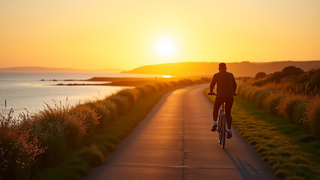 Peaceful coastal landscape at golden hour with cycling path and waterfront, serene Waterford scenery perfect for planning your ride
