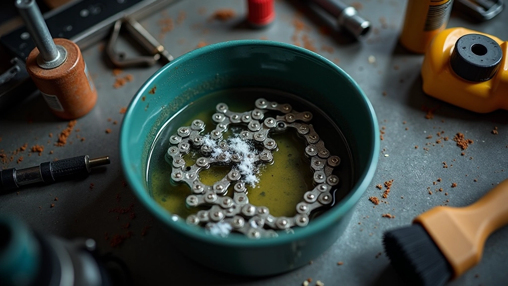 Bicycle chain being cleaned in degreaser solution, showing maintenance workbench with cleaning supplies and tools organized neatly