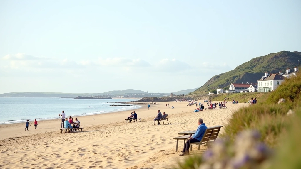 Clonea Beach with sandy shore, picnic tables, and coastal facilities overlooking the water