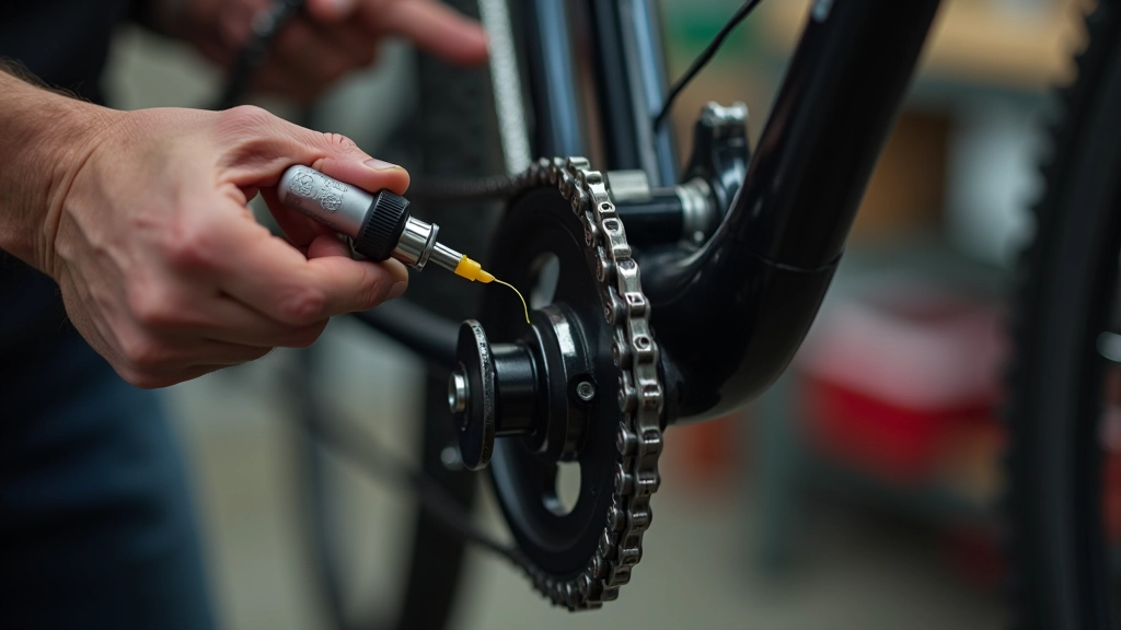 Bicycle chain with oil lubricant being applied, showing proper chain maintenance technique on clean workbench with tools visible