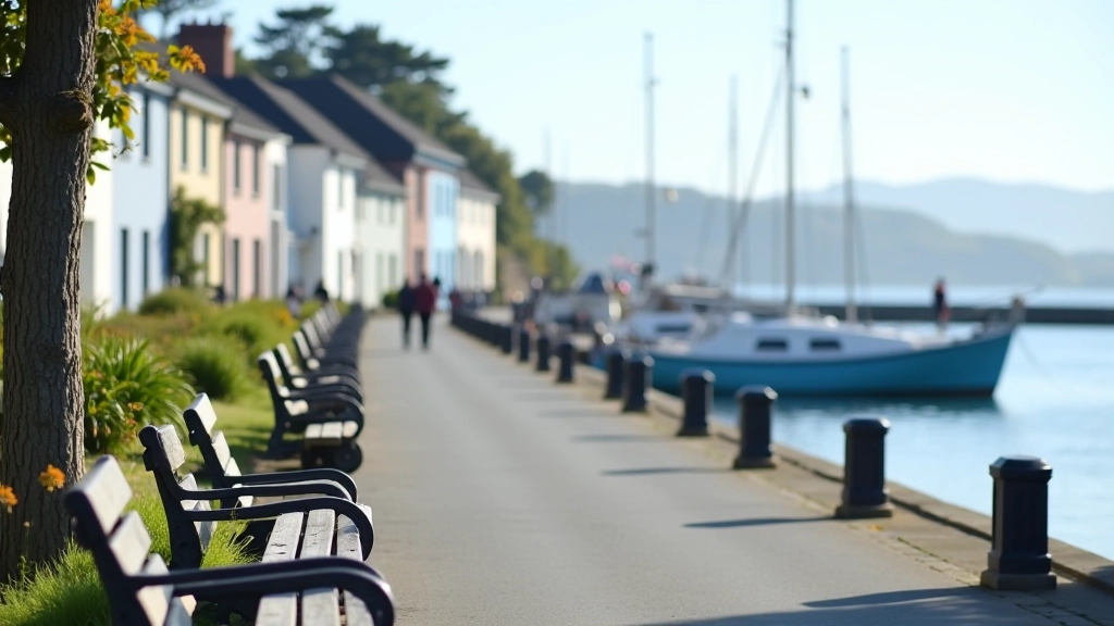 Dungarvan waterfront promenade with benches facing the harbor and traditional Irish buildings