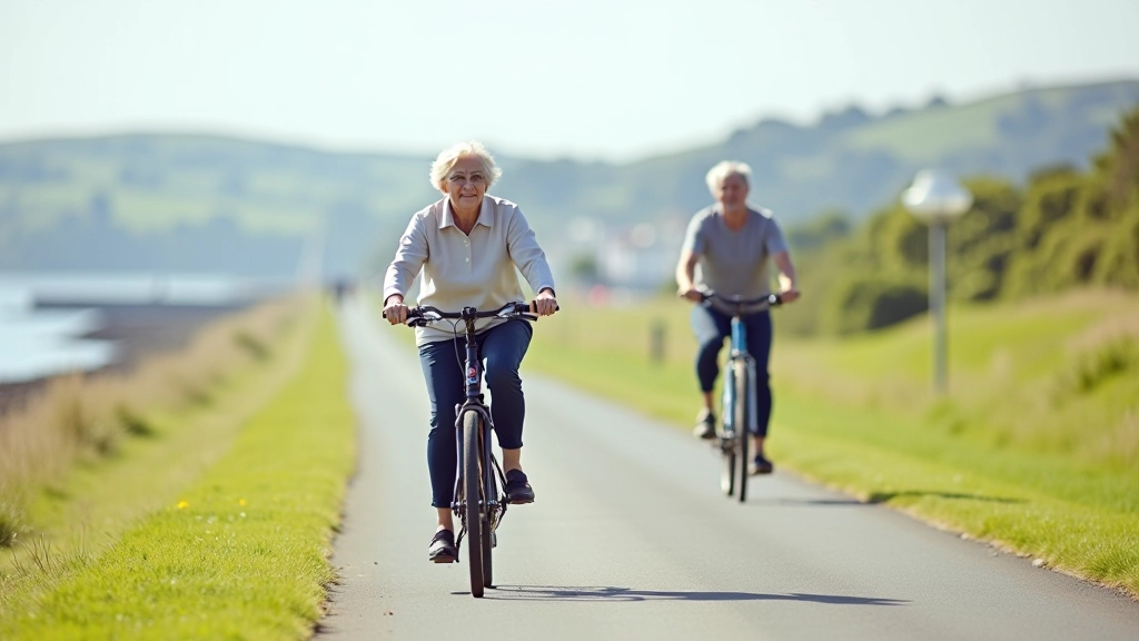 Retired cyclists riding together on smooth, well-maintained path with waterfront views and peaceful atmosphere