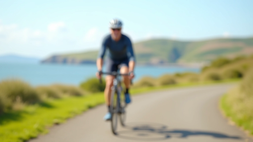 Mature cyclist riding on flat coastal path with water and distant hills, wearing cycling gear comfortably