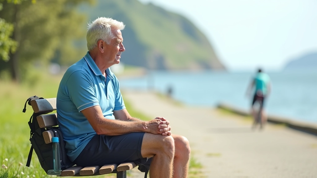 Cyclist resting on a waterfront bench with water bottle and backpack, coastal view in background