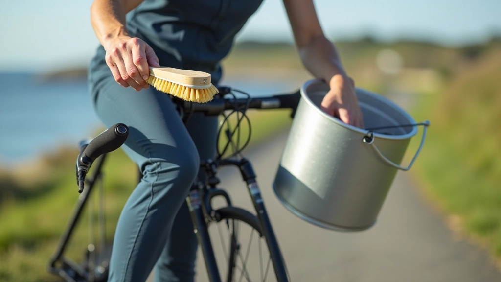 Cyclist rinsing bicycle frame with fresh water using soft brush, close-up of cleaning drivetrain components in outdoor setting