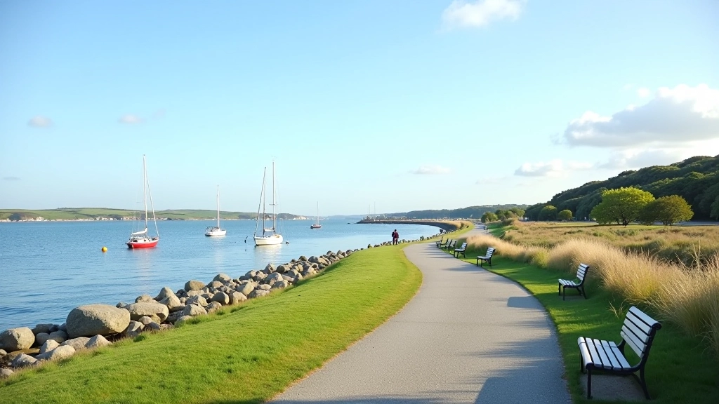 Scenic waterfront view with sailboats, picnic area with benches overlooking calm water, ideal rest spot for cyclists