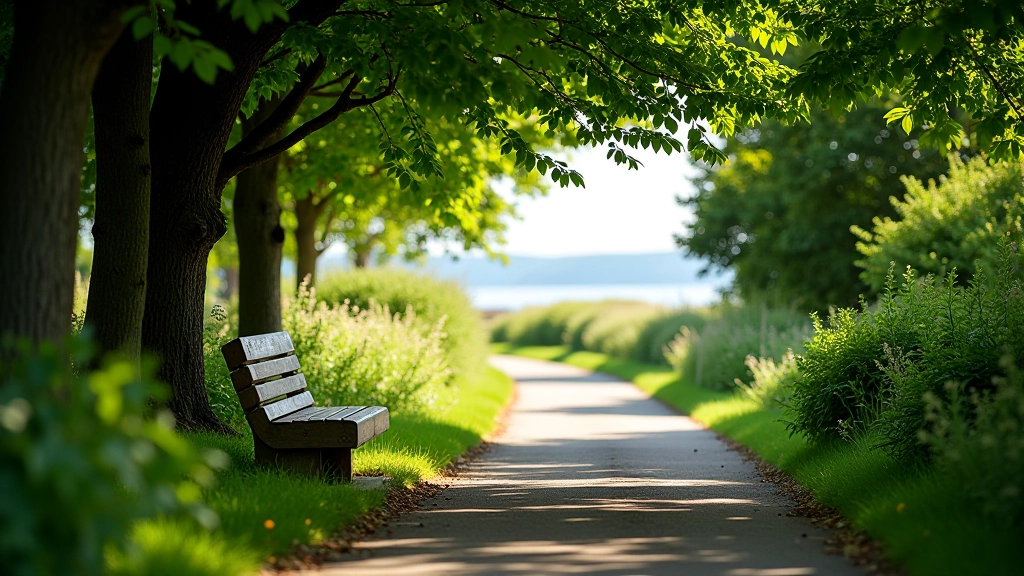 Peaceful woodland rest area along the cycling route with natural shade and stone benches