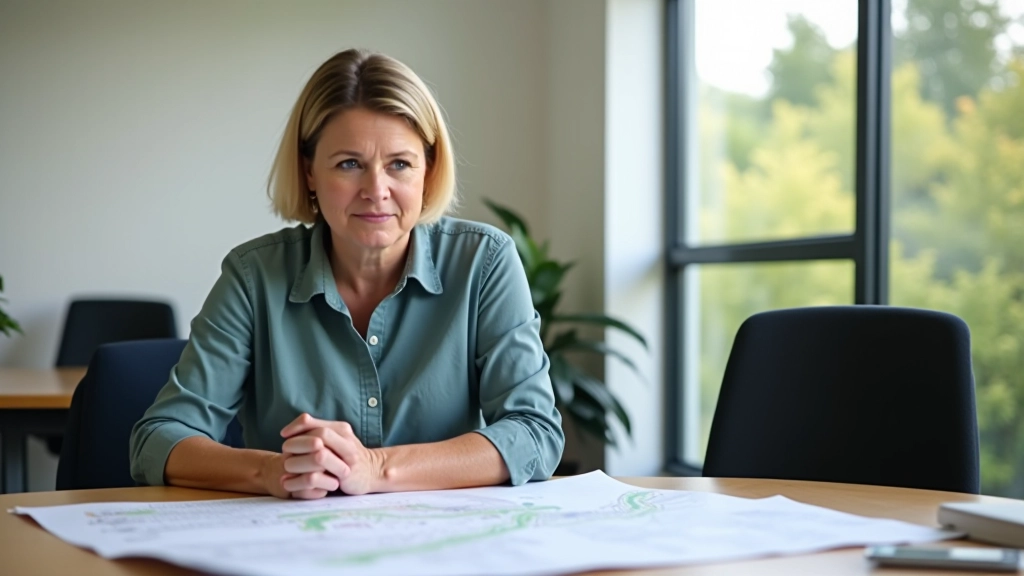 Síobhan working at her desk with route maps and cycling notes spread across the surface, natural daylight from window